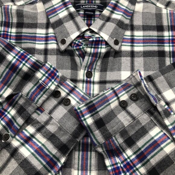 Lands End Mens Flannel Shirt Black White Plaid Size Large Button Down Casual Emo - Picture 2 of 11
